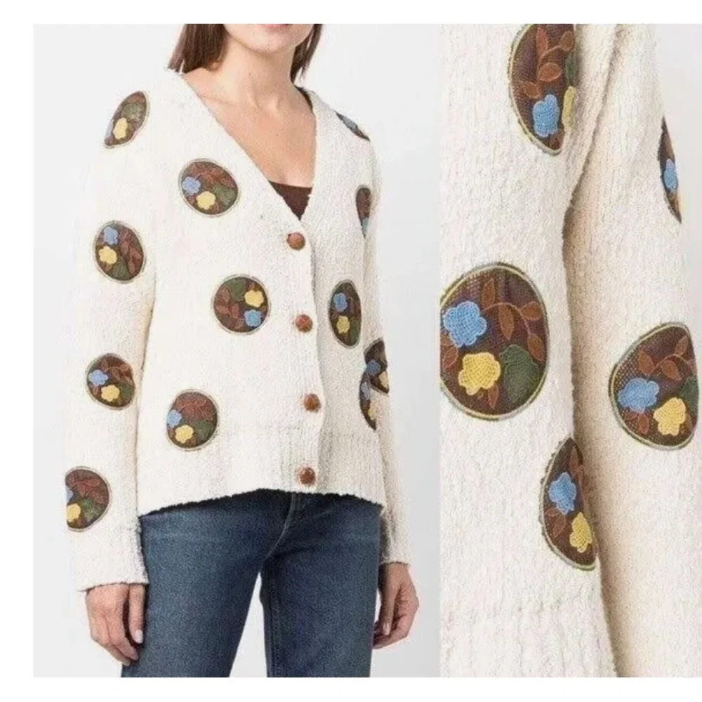 Tory Burch Sweater Womens XL Double Faced Floral Dot Cardigan Ivory/Lemon $598